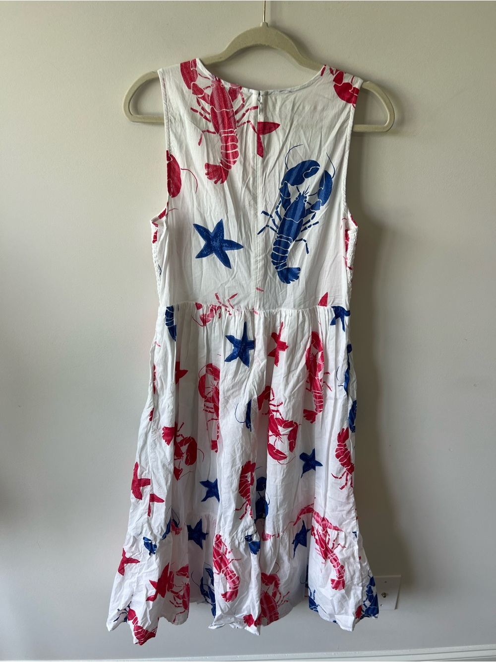 J. Crew White Midi Dress with Red & Blue Lobster and Star Print Cotton - Picture 4 of 10